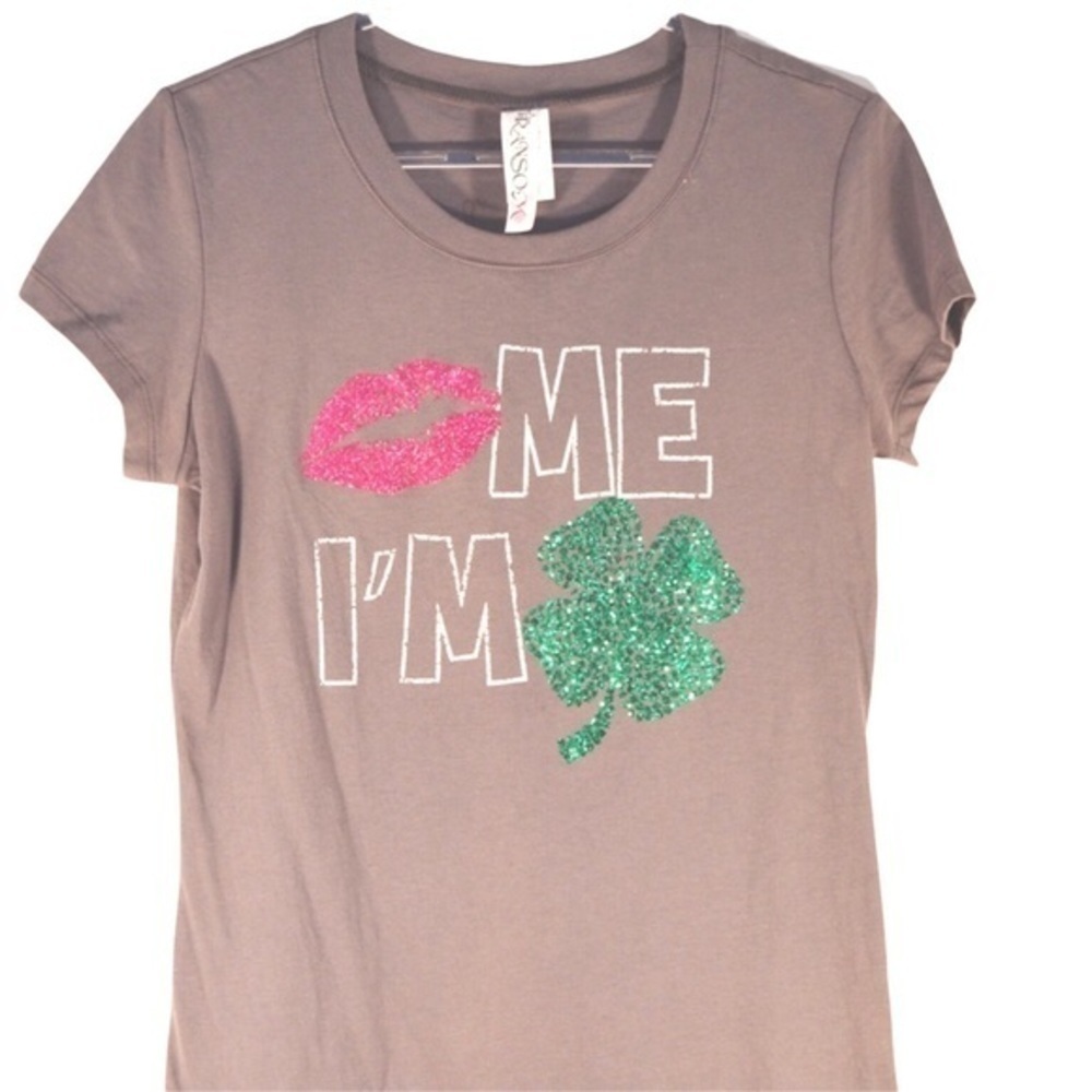 Ransom ‘Kiss Me I’m Irish’ Glitter &‎ Sequin Graphic Gray Tee, Size XL